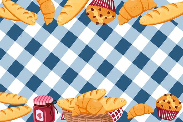 Cute bakery bread and pastry on blue checkered background, perfect for cafe menus, packaging, or food themed designs.
