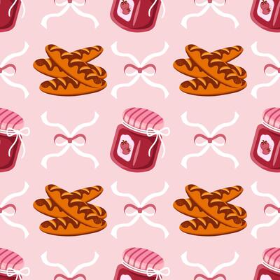 Seamless pattern of cartoon jam jars, baguettes, and decorative ribbons on a light pink background. Sweet food design.
