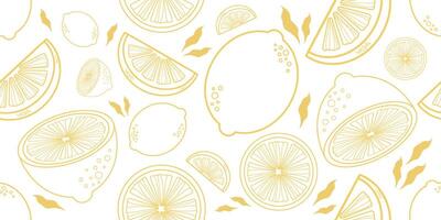 Seamless pattern of yellow outline lemons and slices on a white background. Citrus fruit line art repeat. Perfect for packaging, fabric, textile and wallpaper. vector
