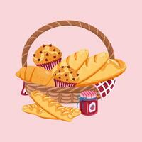 A charming basket brimming with assorted baked goods include baguettes, muffins, croissant, and jam. Perfect for bakery themes. vector