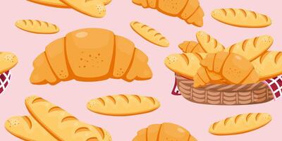 Seamless pattern of cartoon croissants, baguettes, and a bread basket on a pink background. Bakery food design. vector
