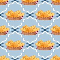 Seamless bakery pattern with baguette bread in woven baskets and ribbon bows on blue background. vector