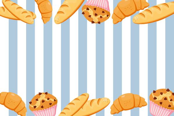 Cartoon bakery elements on a blue and white striped background include bread, croissants, muffins, jam. Food illustration.