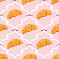Seamless pattern with croissants and pink ribbon bows on pastel background, ideal for bakery themed designs. vector