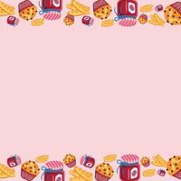 Cute bakery border with muffins, baguettes, croissants, and jam jars on a light pink background. Perfect for menus. vector