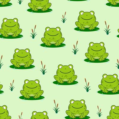 repeating happy frogs on lily pads seamless pattern