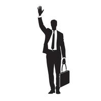 Silhouette of businessman with briefcase and hand up vector