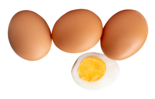 Top view of raw brown chicken eggs and cooked or boiled chicken egg with egg yolk in half in stack isolated in file format png