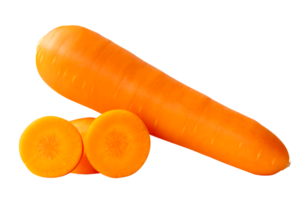 Long orange carrot root with slices in circles in stack isolated with clipping path in file format png