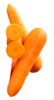 Three fresh orange carrot roots with slices in circles in stack isolated with clipping path in file format png