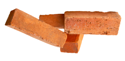 Four cracked old red or orange bricks in stack isolated with clipping path in file format png