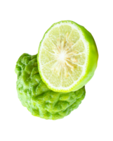 Green bergamot fruit or kaffir lime with half in stack isolated with clipping path in file format png