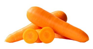 Side view of three fresh orange carrot roots with slices in circles in stack isolated with clipping path in file format png