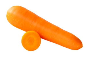 Side view of one fresh orange carrot root with slice in circle in stack isolated with clipping path in file format png
