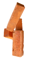 A vertical pile of four cracked old red or orange bricks isolated with clipping path in file format png