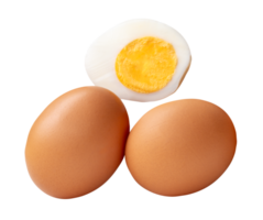 Top view of raw brown chicken eggs and cooked or boiled chicken egg with egg yolk in half isolated with clipping path in file format png