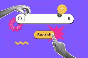Trendy halftone collage. Searching for ideas. Conceptual illustration of search and innovation. Search concept, innovation project startup, problem solving concept. vector