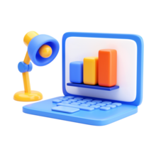 3D Laptop Displaying Bar Chart with Desk Lamp Icon Representing Business Analytics and Digital Growth Concept png