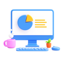 3D Office Desk Scene with Computer Displaying Pie Chart and Analytics Interface Representing Business Report and Data Visualization png