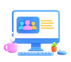 3D Office Desk Scene with Computer Displaying Team Collaboration Interface, Coffee Mug, and Office Decor png