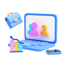 3D Business Teamwork and Growth Concept with Laptop, Chart, Briefcase, and Smartphone Icon Representing Online Collaboration png