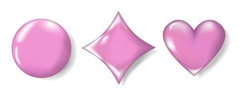Set of 3D Forms Circle, Square, Heart Realistically isolated on white Background. Pink Chrome Form, Liquid Metal. Spherical 3D spheres. Precious Stone. illustration for Design and Business. vector