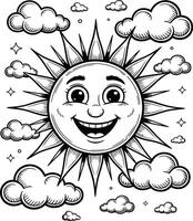 Smiling sun with clouds and stars in a black and white hand drawn illustration vector