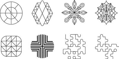 Collection of eight abstract decorative geometric shapes in simple black and white outline designs vector