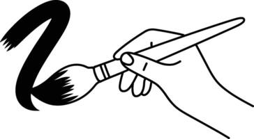 A hand holding a paintbrush creating an artistic brushstroke in bold black and white vector