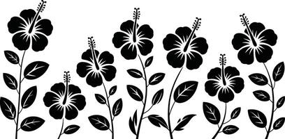 Black and white hawaiian hibiscus flowers with leaves arranged as a seamless floral design vector