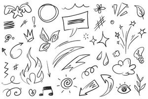 Collection of hand drawn cartoon expression marks doodles, curved directional arrows, emoticon effect design elements, emotion symbols, hearts, cartoon characters, cute decorative brush stroke lines. vector