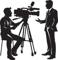 Silhouette of a cameraman filming an interview with a man in a suit on a white background vector