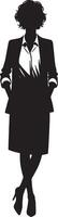Silhouette of a woman in a suit with hands in pockets against a white background vector