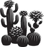 Illustration of assorted cacti with blooms in black and white on a white background vector