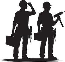 Silhouette of two construction workers with tools and hard hats on a white background vector