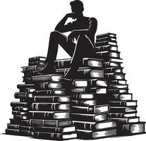 A silhouette of a man sitting atop a large stack of books in black and white style vector