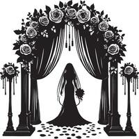 Silhouette of bride under floral archway with pillars and decorative rose stands art vector