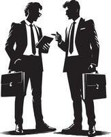 Two businessmen in suits discussing business while holding a tablet and briefcase vector