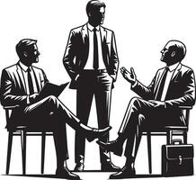 Three businessmen in suits discussing business strategy in a black and white image vector