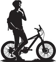 Silhouette of a man with a backpack standing next to a bicycle in black and white vector