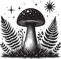 Black and white illustration of a mushroom with ferns and celestial elements around vector