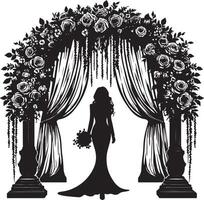 Silhouette of bride under floral archway with curtains and decorative columns art vector