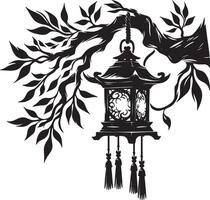 A black and white illustration of a lantern hanging from a tree branch with leaves vector