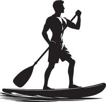Silhouette of a muscular man paddleboarding on a board with a paddle in his hands vector