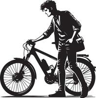 Silhouette of a man in a suit with a bicycle in black and white minimalistic style vector