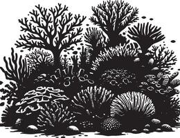 A monochrome illustration showcasing a diverse coral reef ecosystem with tree silhouettes vector