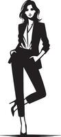 A black and white illustration of a woman in a suit standing with one leg bent up vector