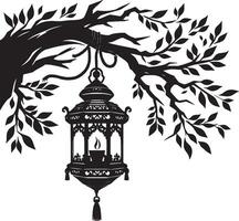 Silhouette of an ornate lantern hanging from a tree branch with leaves and a string vector