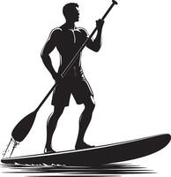 Silhouette of muscular man paddleboarding with paddle in black and white style art vector