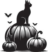 A black cat perched atop a large pumpkin with bats flying around in a halloween scene vector